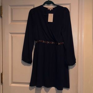Navy long sleeve dress with patterned waistband